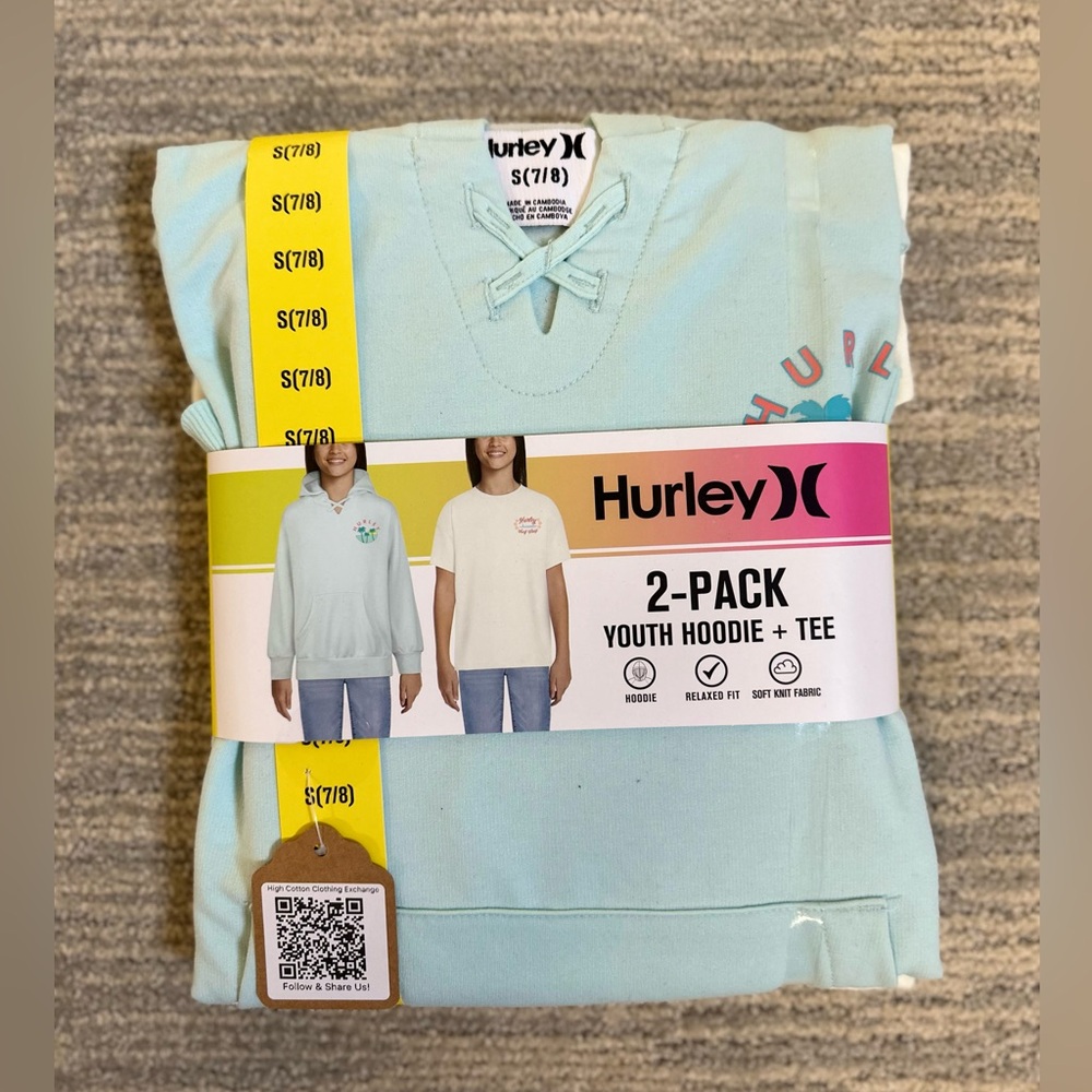 Hurley Hoodie T-shirt Set Girls Small Blue White 2 Piece Size 7/8 Aloha Surf
